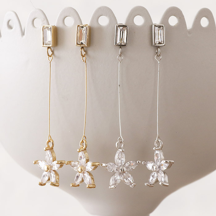 レクタングルジュエル フラワー ステンレス ピアス（1ペア）
